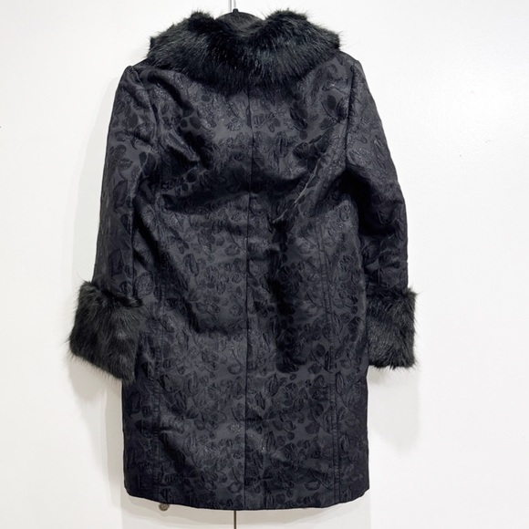 Kate Spade Black Metallic Jacquard Faux Fur Trim Coat Size 0 - Picture 8 of 9
